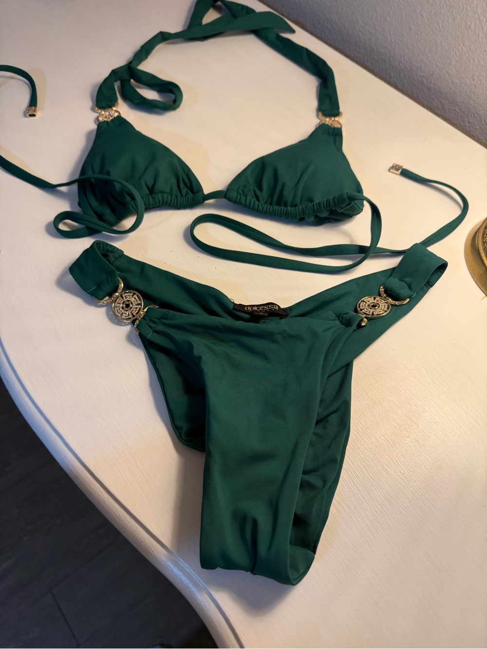 Emerald Green Bikini Set with Gold Accent Hardware